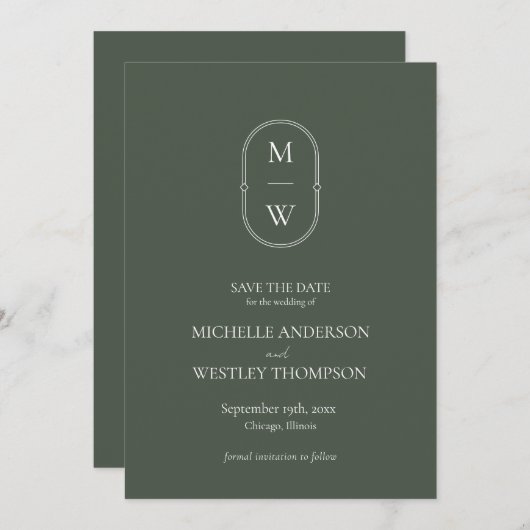 Save The Date Mariage vert monogramme minimaliste (Devant / Derrière)