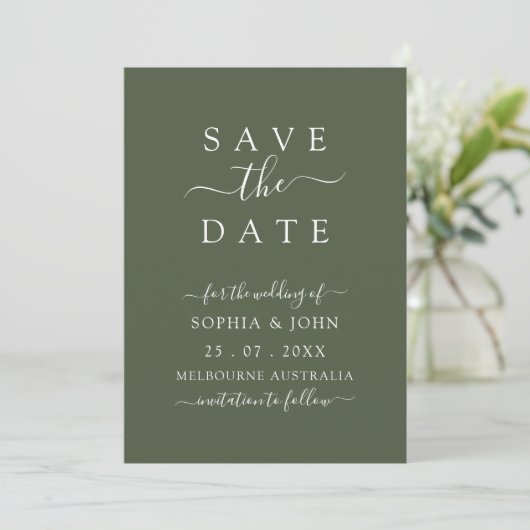 Save The Date Mariage vert olive élégant moderne (Debout devant)