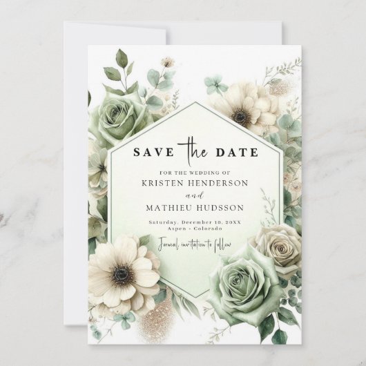 Save The Date Mariage vert Sage de typographie unique simple (Devant)