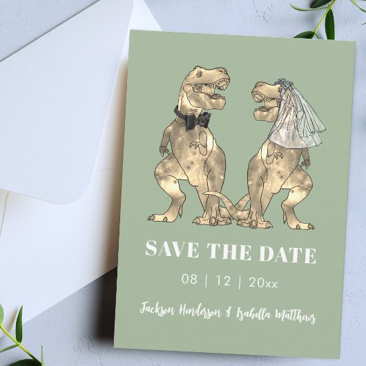 Save The Date Mariage Vert Sauge sur le thème des dinosaures
