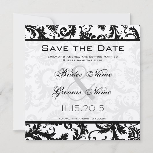 Save The Date Mariage victorien noir et blanc Damas (Devant)