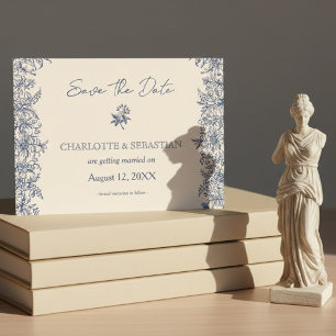 Save The Date Mariage vintage à la frontière florale bleue
