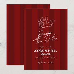 Save The Date Mariage Vintage à Rayures Rouges avec Chérubin Des