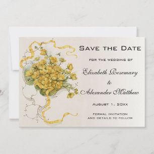 Save The Date Mariage vintage, Fleurs et abeilles en beige jaune
