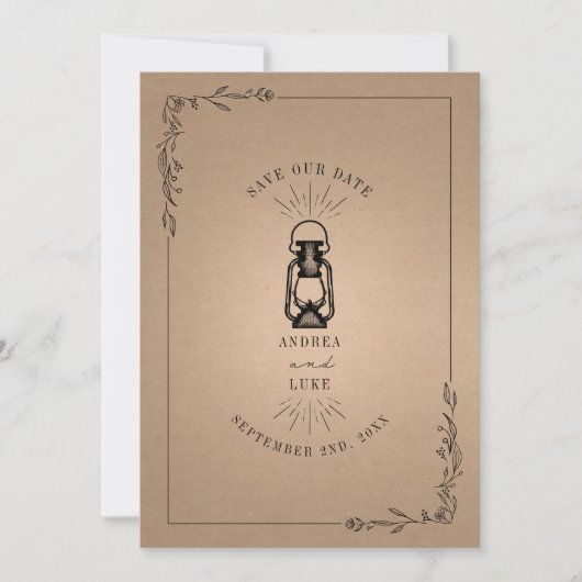 Save The Date Mariage Vintage Lanterne Rustique en Carton (Devant)