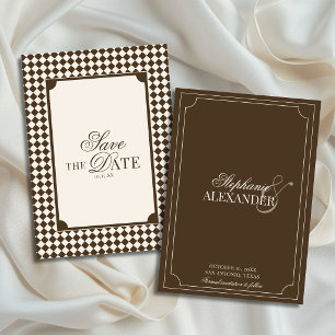 Save The Date Mariage Vintage Marron Moka Carreaux Argent Ancien