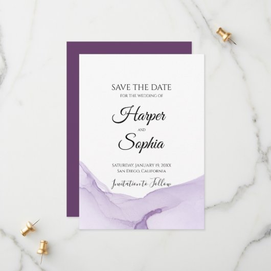 Save The Date Mariage violet Aquarelle moderne (Devant/Arrière en situation)