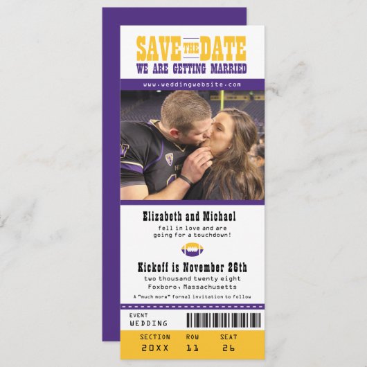 Save The Date Mariage violet Enregistrer le billet de football d (Devant / Derrière)