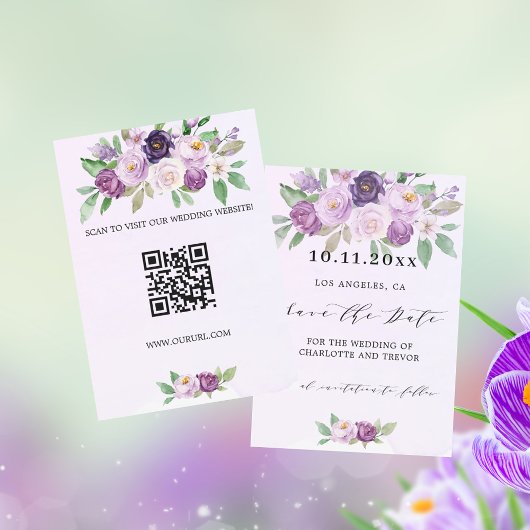 Save The Date Mariage violet fleurs QR code site