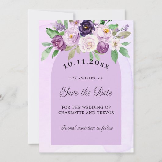 Save The Date Mariage violet violet fleurs violet arc QR code si (Devant)