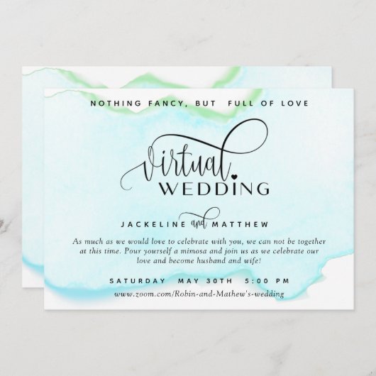 Save The Date Mariage virtuel en ligne, Aquarelle verte Turquois (Devant / Derrière)