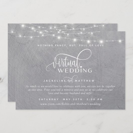 Save The Date Mariage virtuel en ligne gris argent, lumières à c (Devant / Derrière)
