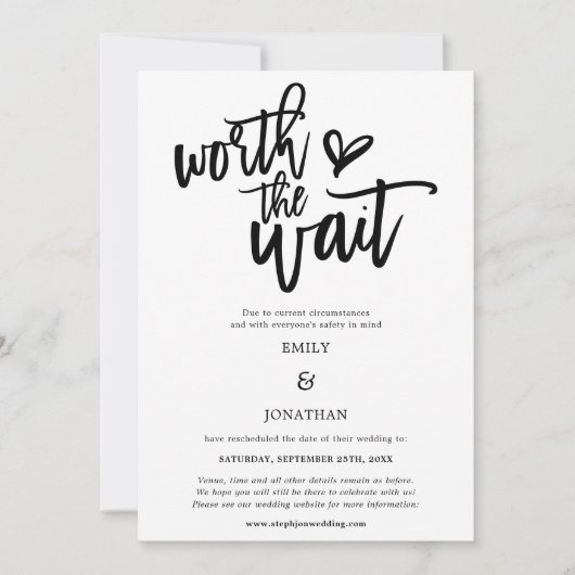 Save The Date Mariage Worth the Wait Black script blanc (Devant)