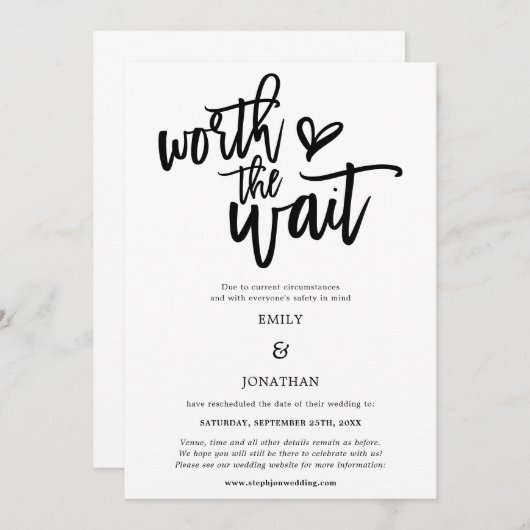 Save The Date Mariage Worth the Wait Black script blanc (Devant / Derrière)