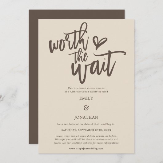 Save The Date Mariage Worth the Wait Script Cream Brown (Devant / Derrière)