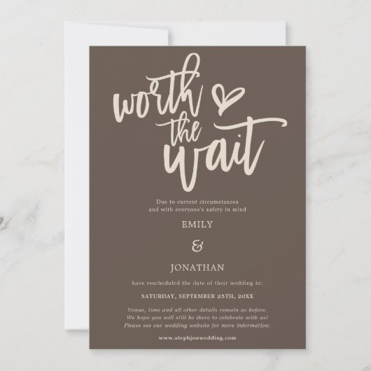 Save The Date Mariage Worth the Wait Script Cream Brown (Devant)