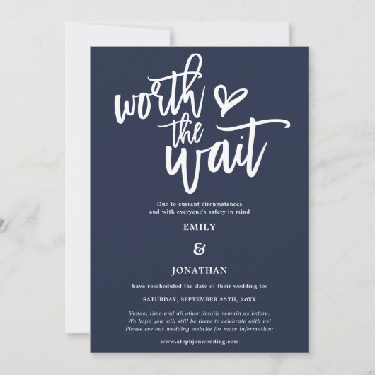 Save The Date Mariage Worth the Wait Script Navy White (Devant)