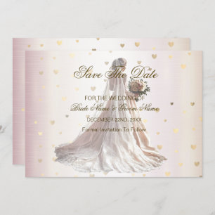 Save The Date Mariée d'hiver rose Golden Shiny Hearts