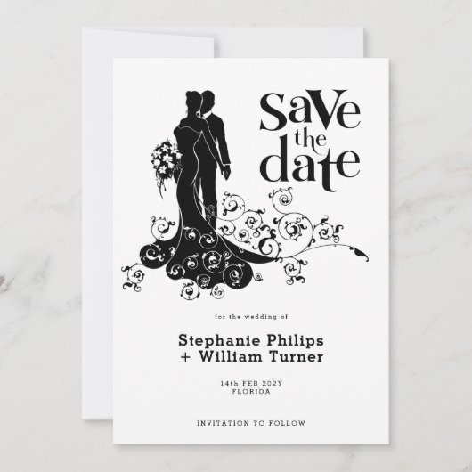 Save The Date Mariée élégante et marié silhouette de mariage (Devant)
