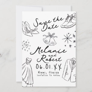 Save The Date Mariée époux dessins à la main noir blanc 