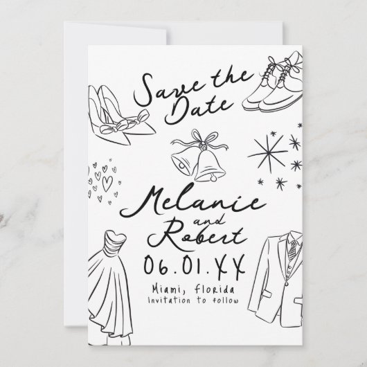 Save The Date Mariée Groom noir et blanc dessiné à la main (Devant)
