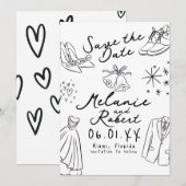 Save The Date Mariée marié dessiné à la main noir blanc  (Devant / Derrière)