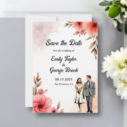 Save The Date Mariée romantique et Mariage d'aquarelle de chambr