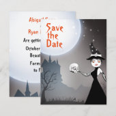 Save The Date Mariée Sorcière et Crâne Marié Lune Pleine Hallowe (Devant / Derrière)