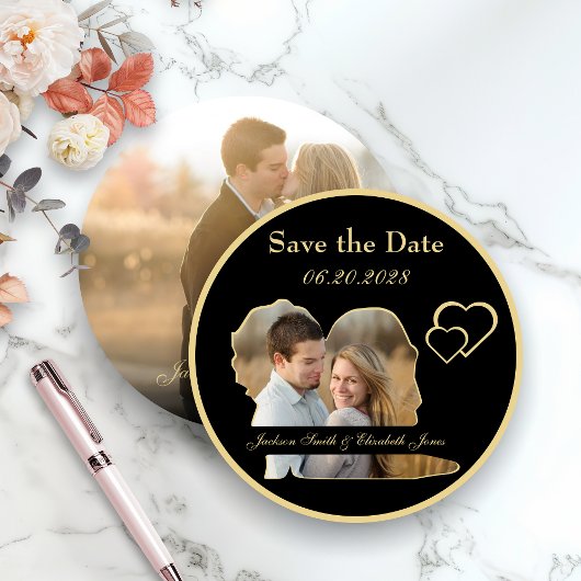 Save The Date Mariés en or et forme de Photo Rond Mariage