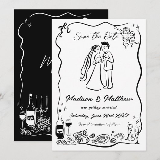 Save The Date Mariés Mariée & Groom Dessins à main levée Griboui (Devant / Derrière)