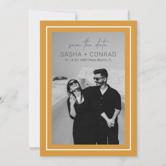 Save The Date Marigold Jaune Bold Bordure Photo Mariage moderne (Devant)