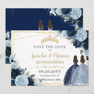 Save The Date Marine Bébé Bleu Floral Twins Quinceanera Sweet 16