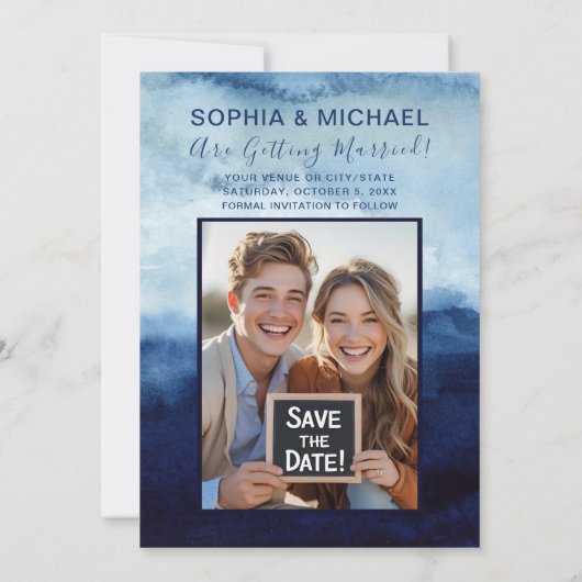 Save The Date Marine Bleu Aquarelle Mariage Enregistrer la date (Dos)