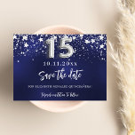 Save The Date Marine bleu argent étoiles Quinceanera<br><div class="desc">Une pièce moderne et élégante Save the Date pour une Quinceañera, 15ème anniversaire. Un arrière - plan bleu marine décoré de faux étoiles argentées. Personnalisez et ajoutez une date et un nom. La couleur bleue est inégale. Le texte : Save the Date est écrit avec un grand script de style...</div>