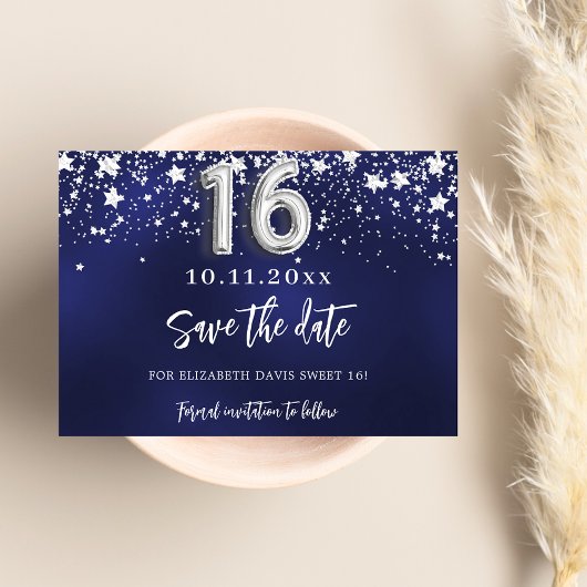 Save The Date Marine bleu argent étoiles Sweet 16