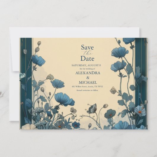 Save The Date Marine Bleu Art Nouveau Mariage (Devant)