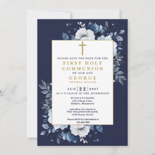 Save The Date Marine Bleu Boho Floral First Holy Communion