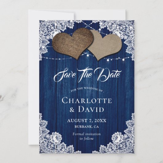 Save The Date Marine Bleu Burlap Dentelle Mariage Enregistrer La (Devant)
