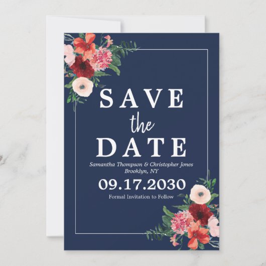 Save The Date Marine Bleu Corail Bourgogne Floral Aquarelle Mari (Devant)