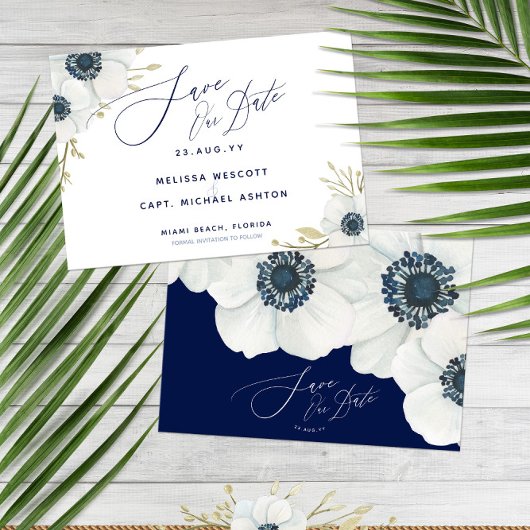 Save The Date Marine bleu 💍 Élégant blanc Mariage d'anémone