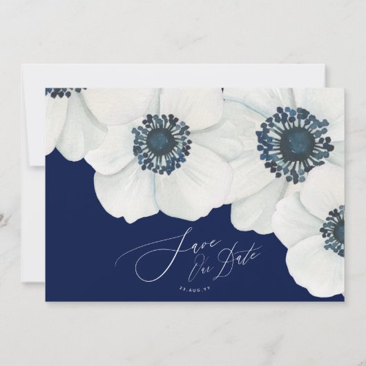 Save The Date Marine bleu 💍 Élégant blanc Mariage d'anémone (Dos)
