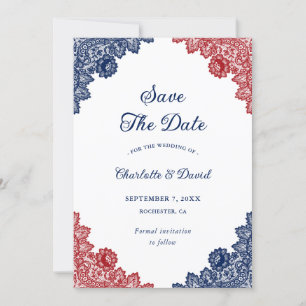 Save The Date Marine bleu et rouge dentelle florale Mariage rust
