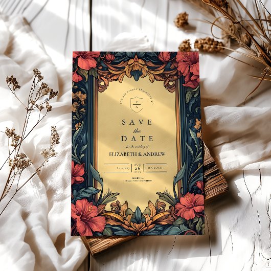 Save The Date Marine bleu Floral Mariage Art Nouveau