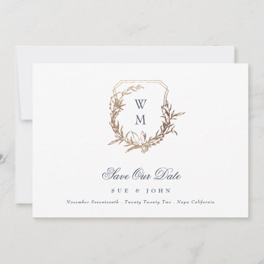 Save The Date Marine Bleu Gold Classic Monogram Crest Mariage (Devant)