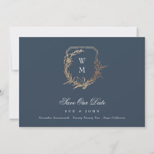 Save The Date Marine Bleu Or Blanc Classique Monogramme Crest Ph (Devant)