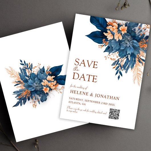Save The Date Marine Bleu Orange Boho Floral Mariage élégant