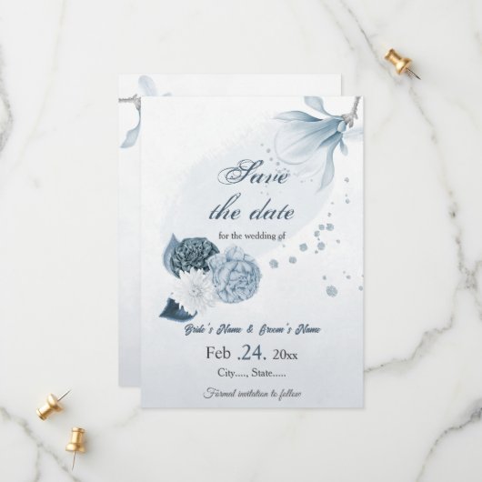 Save The Date marine bleu poussiéreux fleurs mariage botanique (Devant/Arrière en situation)