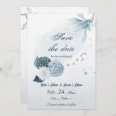 Save The Date marine bleu poussiéreux fleurs mariage botanique (Devant / Derrière)