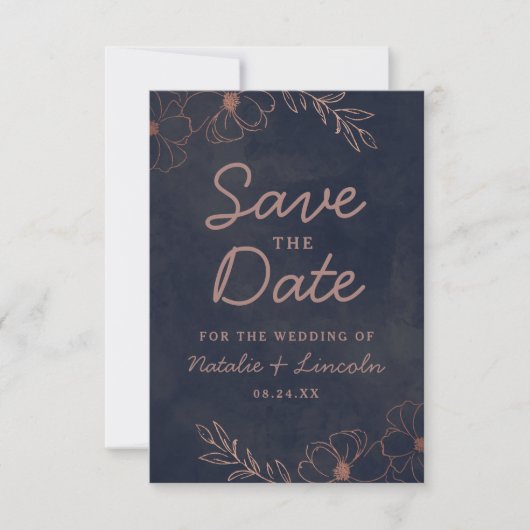 Save The Date Marine Bleu & Rose Gold Foil Frontière Florale Rus (Devant)