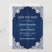 Save The Date Marine Bleu Rustique Bois Floral dentelle Mariage  (Dos)